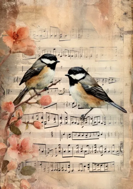 The Vintage Music Sheets Junk Journal Collection. Beautiful junk journal pages crafted on vintage music sheets, accented with vintage birds, florals, bees, and butterflies. Free For Personal and Commercial Use