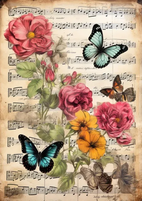 The Vintage Music Sheets Junk Journal Collection. Beautiful junk journal pages crafted on vintage music sheets, accented with vintage birds, florals, bees, and butterflies. Free For Personal and Commercial Use