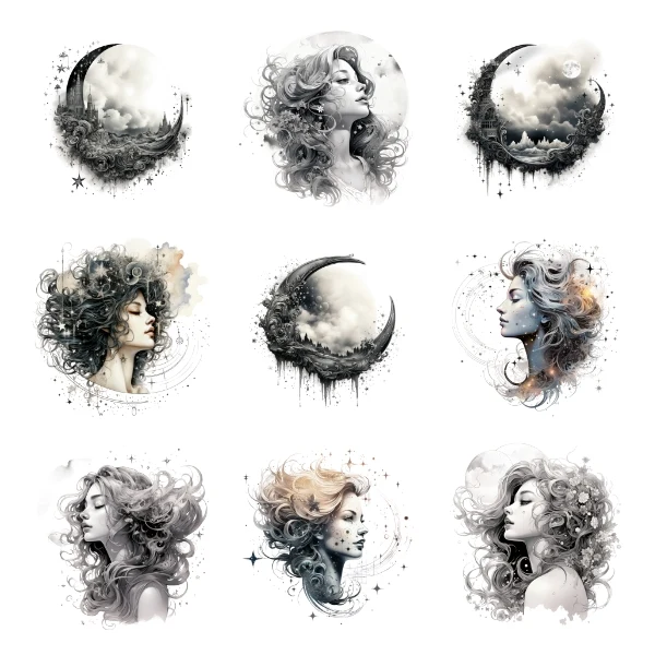 The Celestial Women Collection is a collection of beautiful clipart images with transparent backgrounds, featuring women with celestial elements and a spiritual feel. Free For Personal and Commercial Use