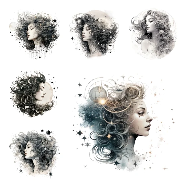 The Celestial Women Collection is a collection of beautiful clipart images with transparent backgrounds, featuring women with celestial elements and a spiritual feel. Free For Personal and Commercial Use
