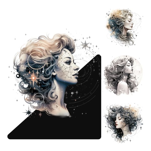 The Celestial Women Collection is a collection of beautiful clipart images with transparent backgrounds, featuring women with celestial elements and a spiritual feel. Free For Personal and Commercial Use