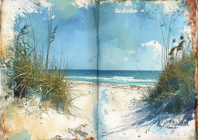 The vintage inspired Coastal Breeze Junk Journal Collection is a collection of beautiful beach landscapes, sunsets over the ocean, and calm serene beaches. Free For Personal and Commercial Use