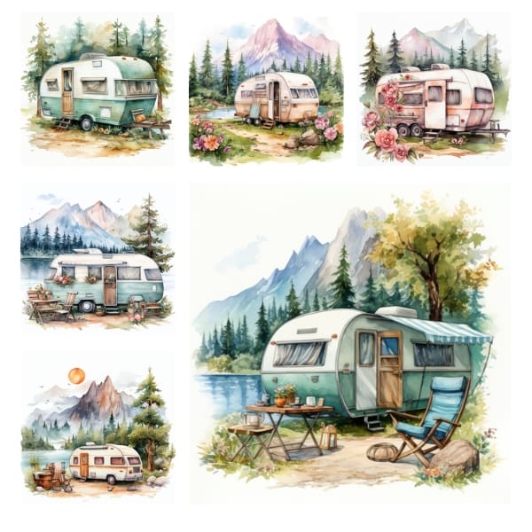 The Mountain Getaway Caravan Collection is a collection of beautiful camping inspired backgrounds featuring watercolor illustrations of caravans camping by beautiful mountains, for a soft and tranquil feel. Free For Personal and Commercial Use