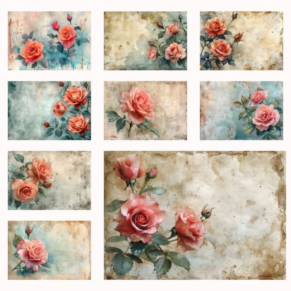 The Vintage Roses Junk Journal Collection is a delightful assemblage of rose-themed imagery, reminiscent of secret gardens and old-world romance found in the pages of a classic novel. Indulge in the artistry of bygone days with this collection, generously available for personal and commercial creativity.