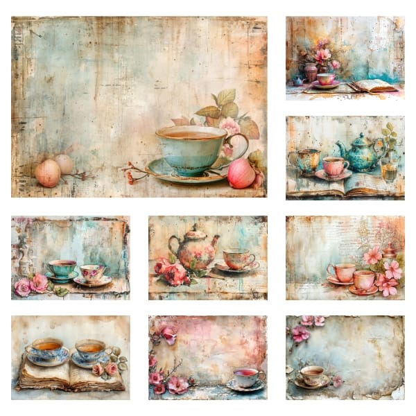 Revel in the timeless grace of the Vintage Tea Party collection, a digital treasury that captures the spirit of a refined afternoon soiree. You'll find a rich tapestry of hand-painted teapots, antique botanicals, and script that dances across worn pages. This collection is a heartfelt ode to nostalgia, perfect for those who wish to create with a touch of history. Embrace the elegance with images that are Free For Personal and Commercial Use, and let your creativity steep in its vintage luxury.
