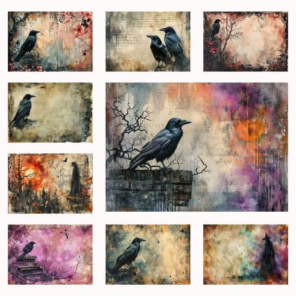 Unlock the enchantment of bygone tales with the 'Witches and Ravens Junk Journal Collection', a free compilation of 39 bewitching images, perfect for personal and commercial crafting ventures that call for a touch of the mystical and the elegance of ravens.