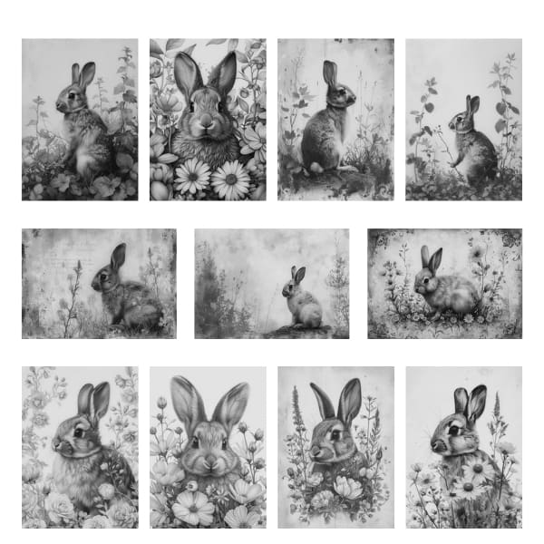 The Black and White Spring Bunnies Collection is an exquisite selection of pencil-drawn leporids, each detailed with a timeless elegance. As you peruse the collection, you'll find each piece radiates a quaint charm, perfect for gracing everything from stationery to digital platforms. This collection is not only a nod to the past but also an invitation to the future of design, with every image being Free For Personal and Commercial Use.