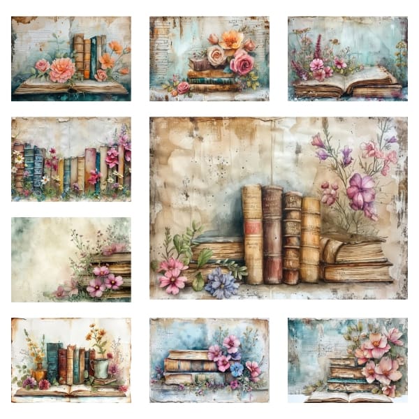 The Vintage Inspired Books & Florals Collection is a digital homage to the timeless interplay between literature and nature. These radiant JPEGs offer creators and entrepreneurs a glimpse into a world of rustic elegance and floral fancy. Craft, create, and sell, with the warmth of this collection, free for personal and commercial use, fueling your creative journey.