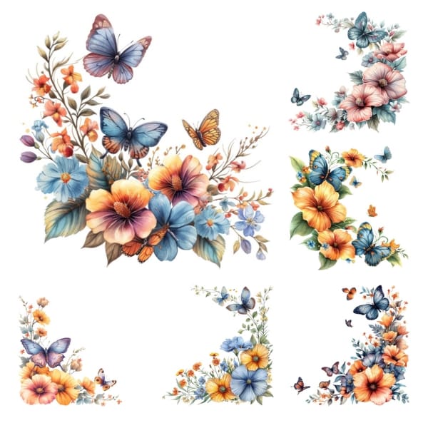 Embrace the serene beauty of the Butterflies and Florals Clipart Collection. This set features a kaleidoscope of butterflies, each resting on tender petals or soaring amongst blooms in artful harmony. Crafted with an artist's touch, these images weave a tapestry of natural elegance. They are Free For Personal and Commercial Use, offering a versatile palette for your most imaginative creations, from wedding invites to whimsical web design.