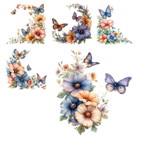The Butterflies and Florals Clipart Collection is an exquisite gallery of graphics, where the romance of floral elegance meets the playful charm of butterflies in flight. This collection, Free For Personal and Commercial Use, is a versatile treasure trove for the passionate creator, with each clipart ready to transform your projects into a visual sonnet, sung in the key of spring.