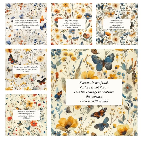 The Whimsical Quote Card Collection offers a digital bouquet of inspiration, blending poignant quotes with the timeless elegance of floral and butterfly illustrations. This collection is an invitation to weave a touch of vintage grace into your creative ventures, all with the liberty of being Free for Personal and Commercial Use – a true gift to the spirit of artistry.