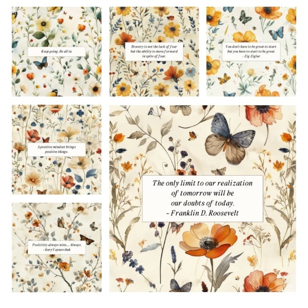 Immerse yourself in the nostalgic allure of the Whimsical Quote Card Collection, where each card unfurls an inspiring quote amidst a dreamy backdrop of florals and butterflies reminiscent of a bygone era. Perfect for artisans and dreamers alike, these cards are a canvas for your imagination and Free for Personal and Commercial Use.