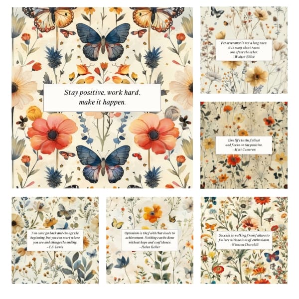 The Whimsical Quote Card Collection offers a digital bouquet of inspiration, blending poignant quotes with the timeless elegance of floral and butterfly illustrations. This collection is an invitation to weave a touch of vintage grace into your creative ventures, all with the liberty of being Free for Personal and Commercial Use – a true gift to the spirit of artistry.