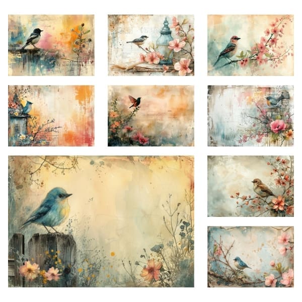 Embrace the elegance of bygone days with the "Vintage Spring Birds Junk Journal Collection." This selection is a symphony of pastel-hued finches, warblers, and thrushes, all perched within a labyrinth of faded botanicals and script. The birds, painted with a delicate hand, appear to whisper tales of spring's awakening. This collection is not only a visual feast but also Free for Personal and Commercial Use, paving the way for your imagination to take wing.