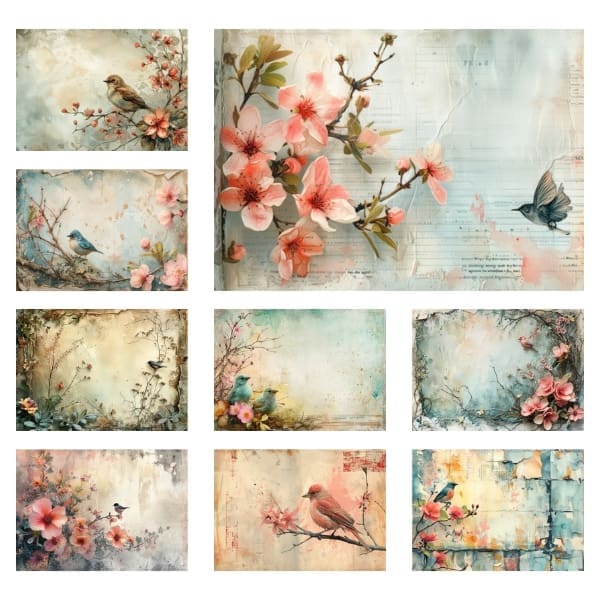 Revel in the whimsical charm of the "Vintage Spring Birds Junk Journal Collection," a digital anthology where feathered troubadours of spring come to life against a canvas of rustic allure. Each page is a portal to an enchanted realm where florals bloom in perpetual spring and birds serenade the morning sun. Perfect for crafting and design, these images are offered Free for Personal and Commercial Use, ready to adorn your most imaginative projects.
