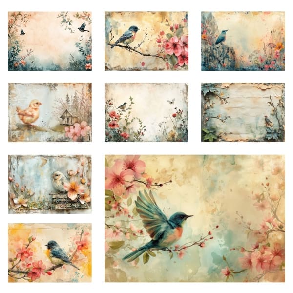 The "Vintage Spring Birds Junk Journal Collection" is a meticulously curated assembly of artistic reverie, showcasing an array of spring birds that seem to dance amidst vintage florals and timeworn manuscript backdrops. These images, reminiscent of a bygone era's natural history sketches, are infused with a fresh breath of spring. Free for Personal and Commercial Use, each piece in this collection invites you to weave a narrative of nostalgia and renewal into your creative endeavors.