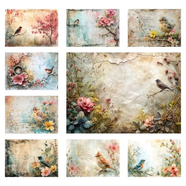 The "Vintage Spring Birds Junk Journal Collection" is a meticulously curated assembly of artistic reverie, showcasing an array of spring birds that seem to dance amidst vintage florals and timeworn manuscript backdrops. These images, reminiscent of a bygone era's natural history sketches, are infused with a fresh breath of spring. Free for Personal and Commercial Use, each piece in this collection invites you to weave a narrative of nostalgia and renewal into your creative endeavors.