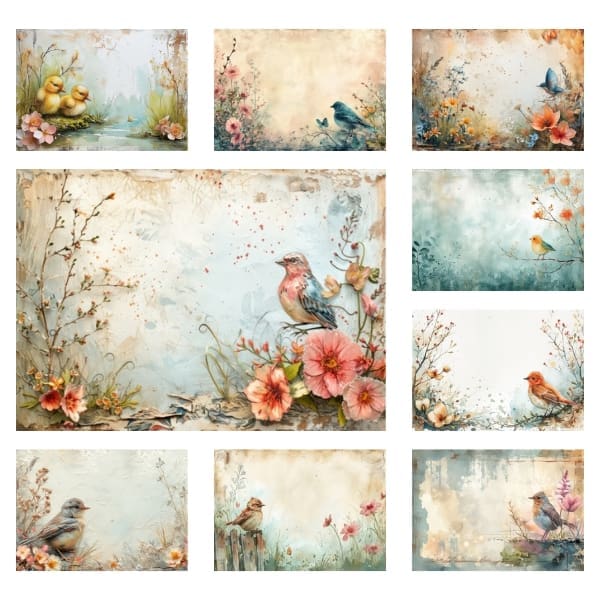 Embrace the elegance of bygone days with the "Vintage Spring Birds Junk Journal Collection." This selection is a symphony of pastel-hued finches, warblers, and thrushes, all perched within a labyrinth of faded botanicals and script. The birds, painted with a delicate hand, appear to whisper tales of spring's awakening. This collection is not only a visual feast but also Free for Personal and Commercial Use, paving the way for your imagination to take wing.