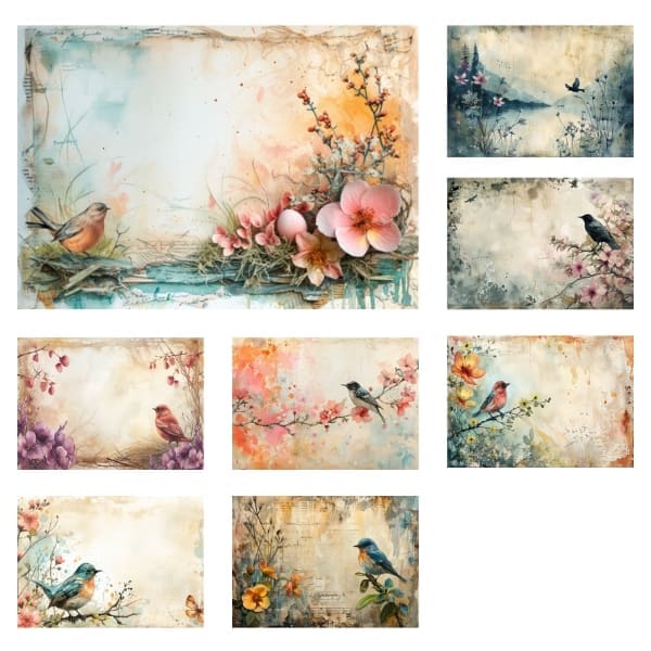 Embrace the elegance of bygone days with the "Vintage Spring Birds Junk Journal Collection." This selection is a symphony of pastel-hued finches, warblers, and thrushes, all perched within a labyrinth of faded botanicals and script. The birds, painted with a delicate hand, appear to whisper tales of spring's awakening. This collection is not only a visual feast but also Free for Personal and Commercial Use, paving the way for your imagination to take wing.
